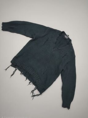 Wooden Ships Dark Teal Distressed V-Neck Sweater